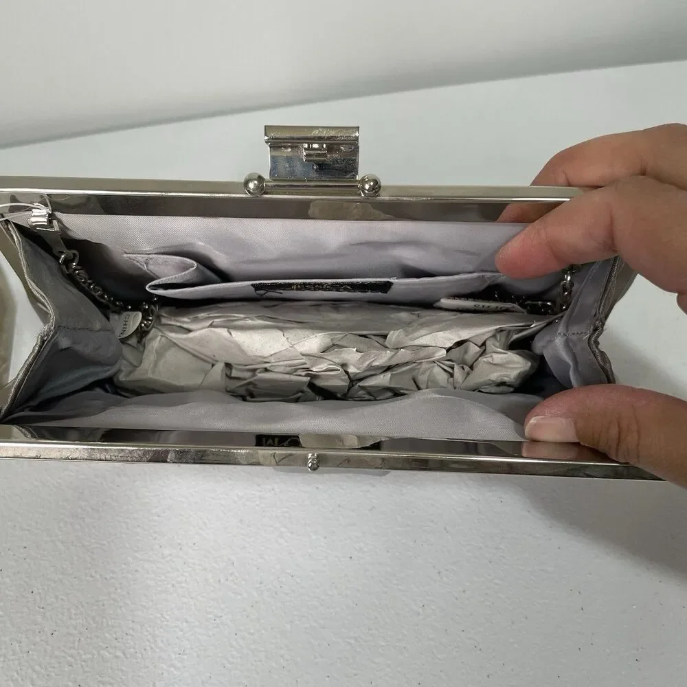 Jessica McClintock Vtg. Silk Clutch Purse Shoulder Bag Silver Gray Metal Clasp